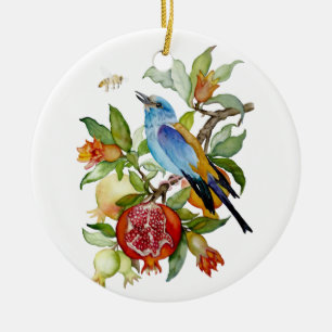 Blue Bird Among Pomegranates Watercolor Botanical Ceramic Tree Decoration