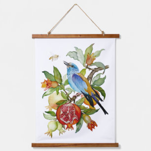Blue Bird Among Pomegranates Watercolor Botanical Hanging Tapestry