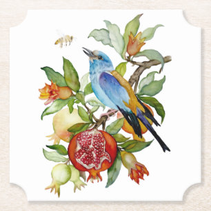 Blue Bird Among Pomegranates Watercolor Botanical Paper Coaster