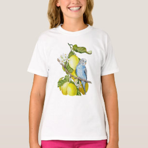 Blue Bird Among Pomegranates Watercolor Botanical  T-Shirt