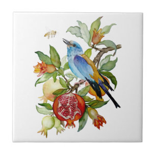 Blue Bird Among Pomegranates Watercolor Botanical Tile