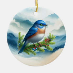 Blue Bird and Holiday Boughs  Ceramic Tree Decoration