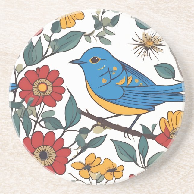Blue Bird and Wildflower Folk Art Coaster (Front)