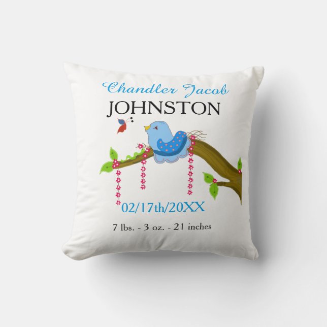 Blue Bird Baby Birth Announcement Cushion (Front)