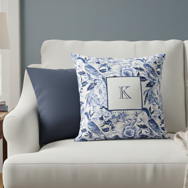 Blue Bird Chinoiserie Monogram  Cushion (Creator Uploaded)