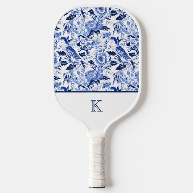 Blue Bird Chinoiserie Monogram  Pickleball Paddle (Front)