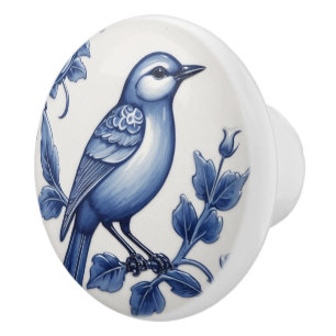 Blue Bird Delft Blue & White Asian Floral Bluebird Ceramic Knob