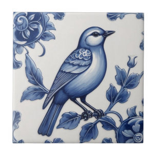 Blue Bird Delft Blue & White Asian Floral Bluebird Tile