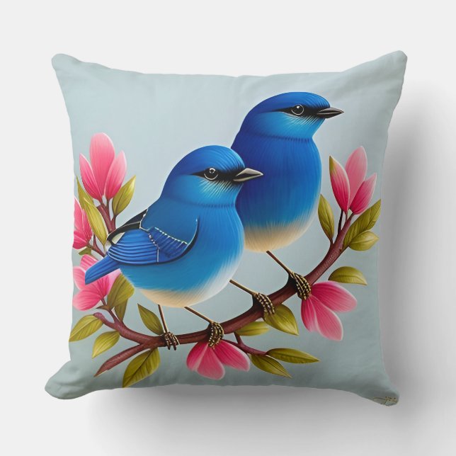 🐦 Blue Bird Duo Throw Pillow Cosy Home Decor 🌿✨ (Front)