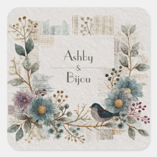 Blue Bird Dusty Teal Floral Folk Art Wedding Square Sticker