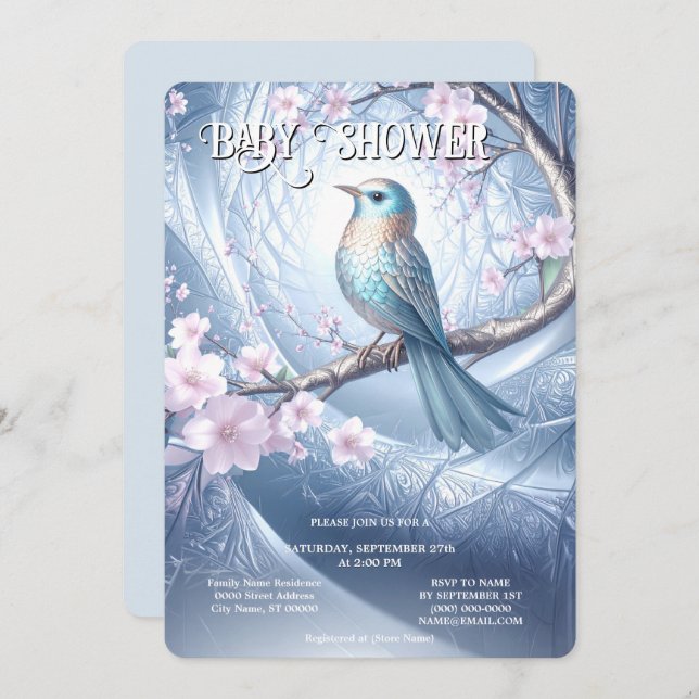 Blue Bird Floral Baby Shower Invitation (Front/Back)