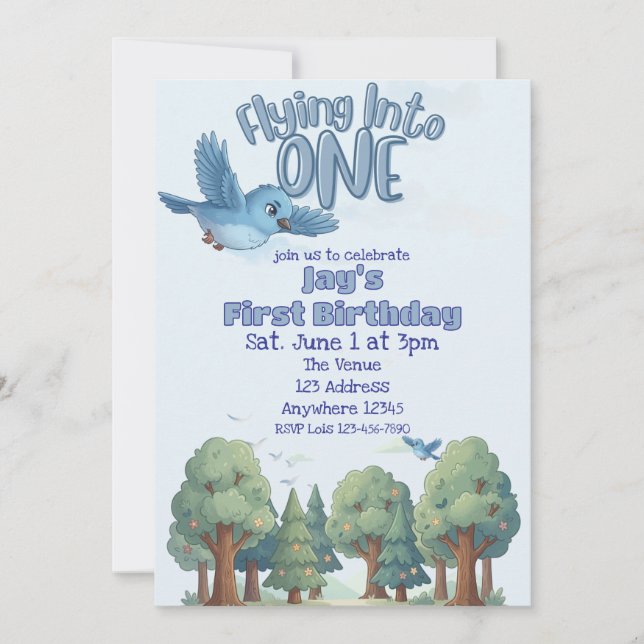 Blue Bird Flying into One, 1st Birthday Invitation (Front)