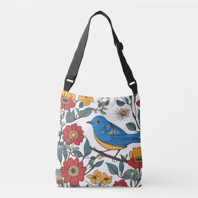 Blue Bird Folk Art Floral Tote Bag (Front)