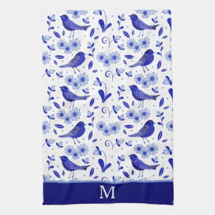 Blue Bird Folk Art Pattern Monogram Tea Towel