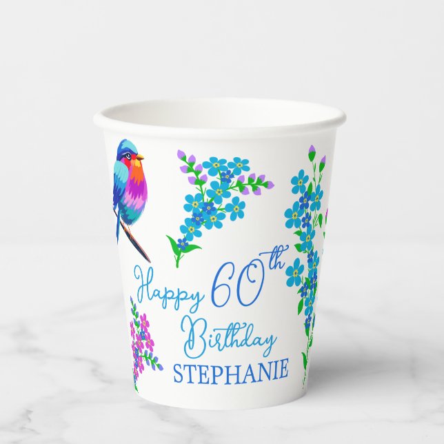 Blue Bird Forget Me Not Floral 60th Birthday Paper Cups (Front)