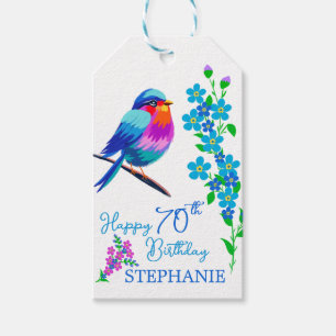 Blue Bird Forget Me Not Floral 70th Birthday Party Gift Tags