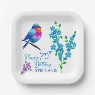 Blue Bird Forget Me Not Floral 70th Birthday Party Paper Plate