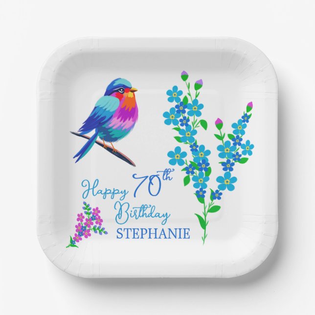 Blue Bird Forget Me Not Floral 70th Birthday Party Paper Plate (Front)