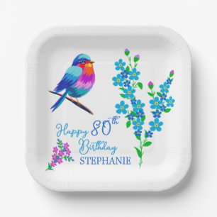 Blue Bird Forget Me Not Floral 80th Birthday Party Paper Plate