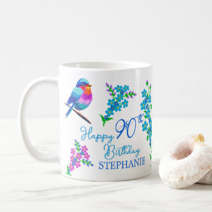 Blue Bird Forget Me Not Floral 90th Birthday Coffee Mug