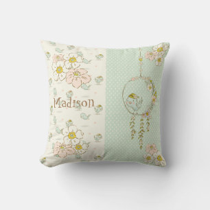 Blue Bird Girl Floral Rustic Name Nursery Cushion
