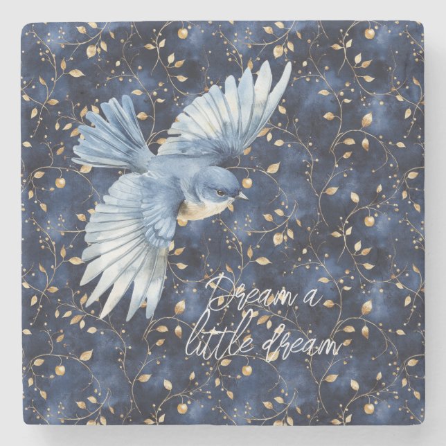 Blue Bird Gold Leaves Dream Stone Coaster (Front)