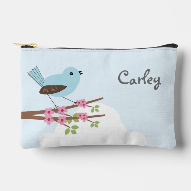Blue Bird in Blossom Tree Personalised Cute Accessory Pouch (Front)
