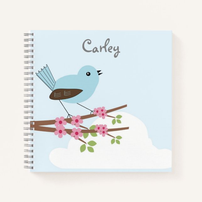 Blue Bird in Blossom Tree Personalised Cute Notebook (Front)