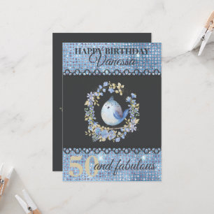 Blue bird in floral wreath custom birthday card
