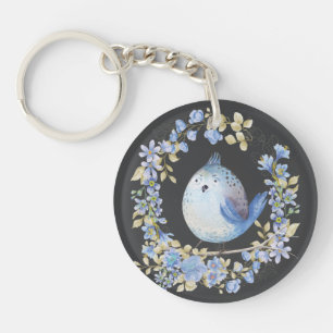 Blue bird in floral wreath key ring