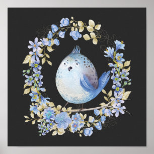 Blue bird in floral wreath poster