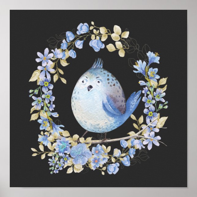 Blue bird in floral wreath poster (Front)