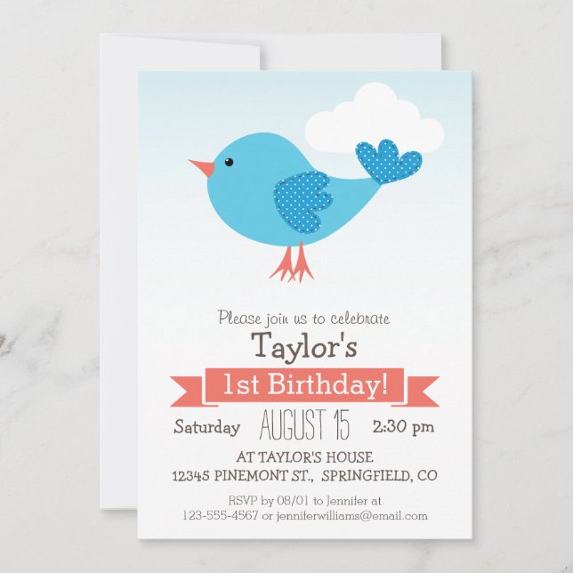 Blue Bird Kid's Birthday Party Invitation (Front)