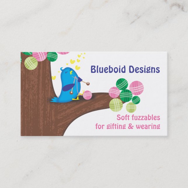 Blue bird knitting needles balls of yarn tree business card (Front)