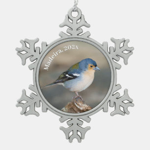 Blue bird Madeira Chaffinch (Fringilla maderensis) Snowflake Pewter Christmas Ornament