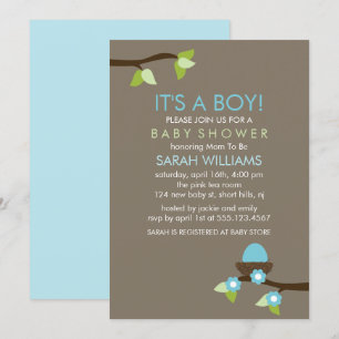 Blue Bird Nest and Blossoms Boy Baby Shower Invitation
