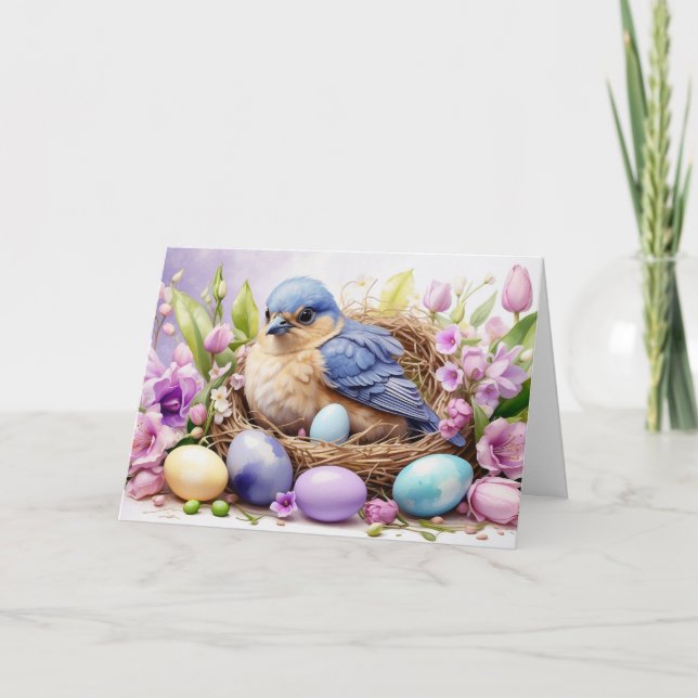 Blue Bird Nesting and Easter Eggs, Flowers  Holiday Card (Front)