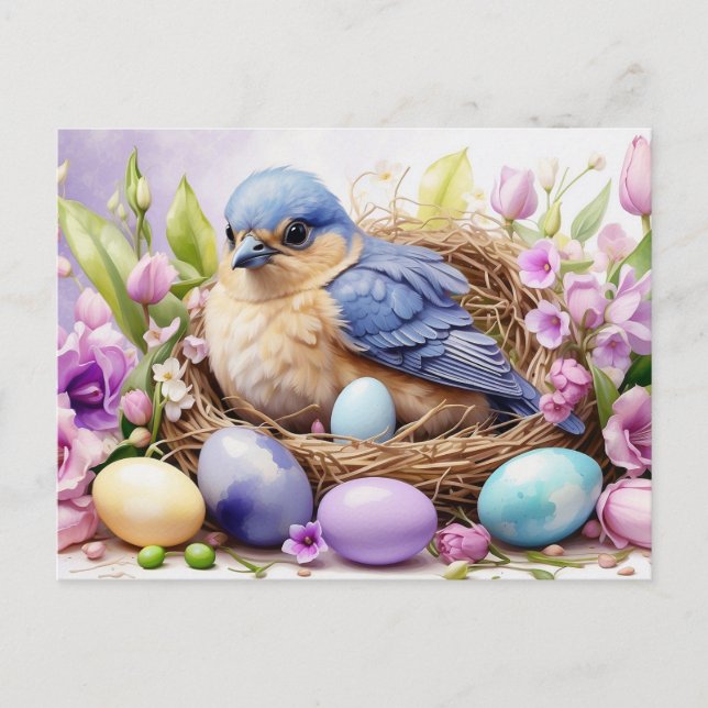 Blue Bird Nesting and Easter Eggs, Flowers  Holiday Postcard (Front)