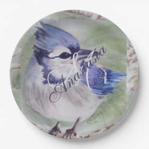 BLUE BIRD OF HAPPINESS MONOGRAM PARTY PAPER PLATE