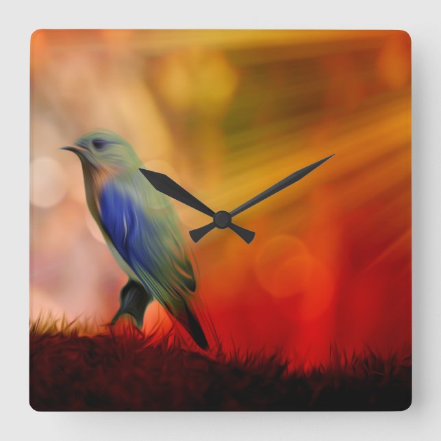 Blue Bird of Happiness Square Wall Clock (Front)