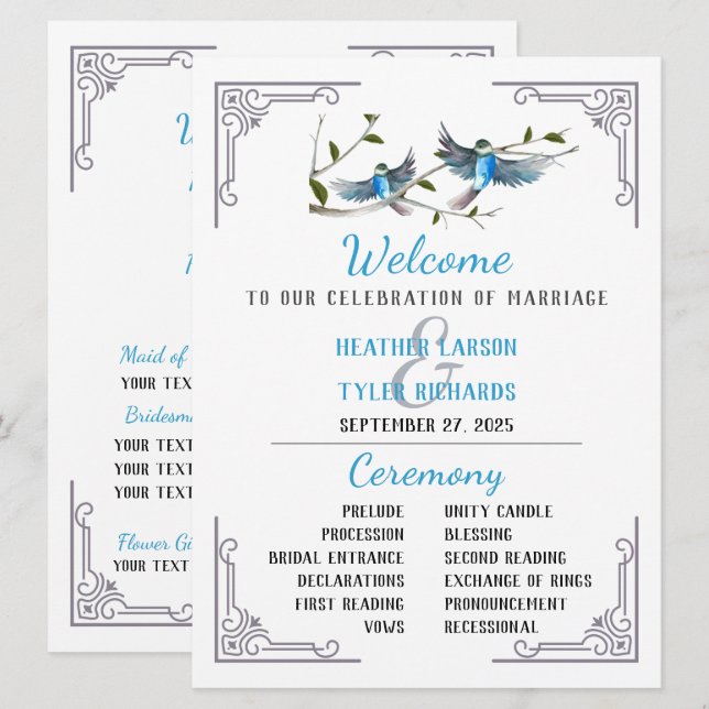 Blue Bird of Happiness Wedding Program Invitation (Front/Back)