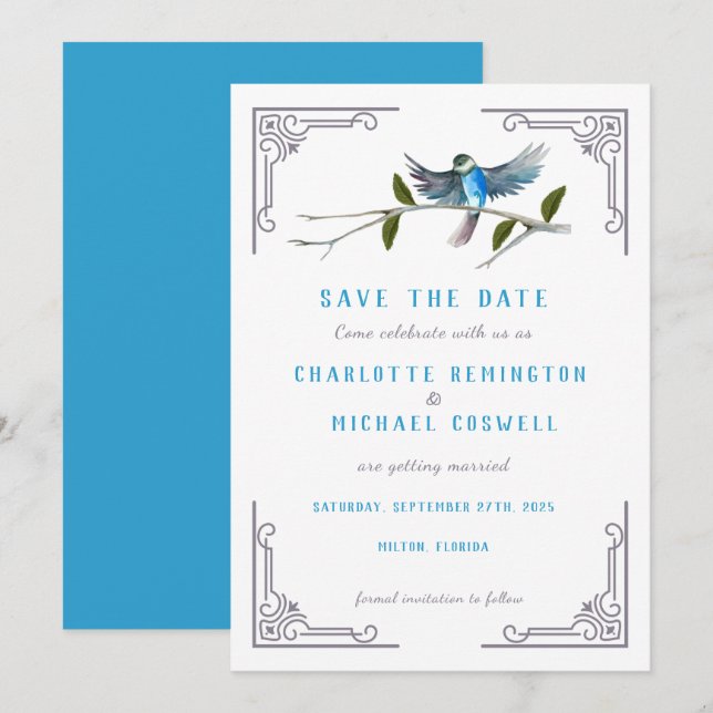 Blue Bird of Happiness Wedding Save the Date Card (Front/Back)