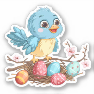 Blue Bird on a Branch with Easter Eggs