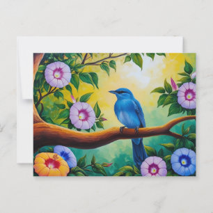 Blue Bird on a Tree Branch, Morning Glory Flowers Postcard