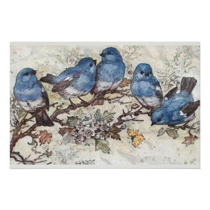 Blue Bird on Branch Butterfly Vintage Nature Art Poster
