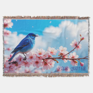 Blue Bird on Cherry Blossom Branch Throw Blanket
