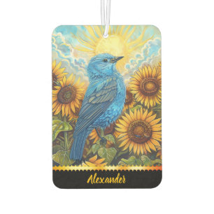 Blue bird on sunflowers at sunrise car air freshener