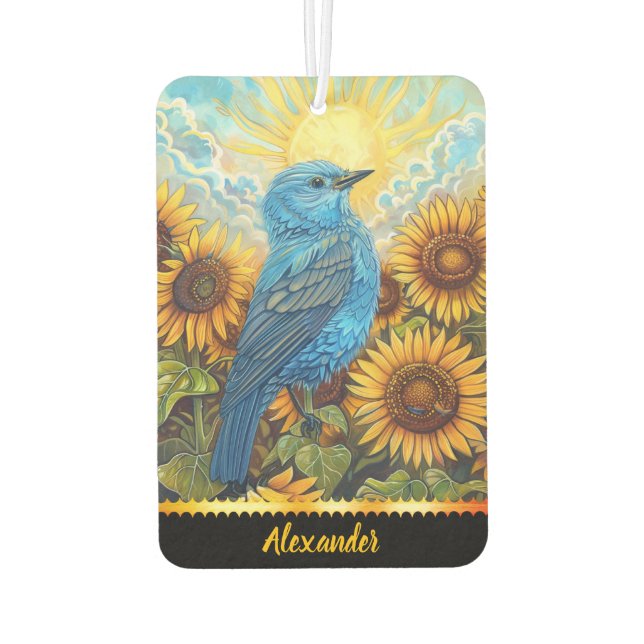 Blue bird on sunflowers at sunrise car air freshener (Back)