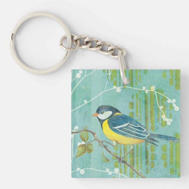 Blue Bird Perched on a Tree Key Ring (Front)