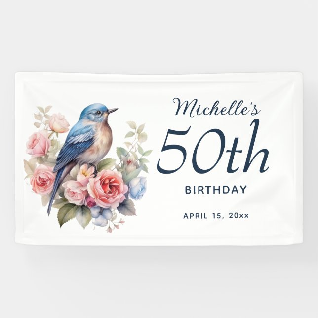 Blue Bird Pink Floral 50th Birthday  Banner (Horizontal)